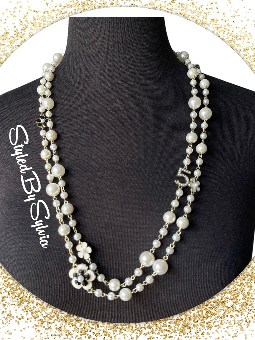 No. 5 White Pearl & Gold EXTRA LONG 30 Inch Necklace with CAMELLIA Flower Detail